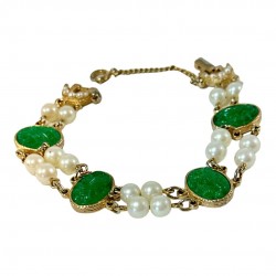 Vintage Faux Carved Jade & Faux Pearls Link Bracelet - Classic Elegance