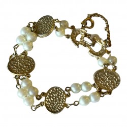 Vintage Faux Carved Jade & Faux Pearls Link Bracelet - Classic Elegance