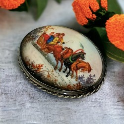 Vintage Russian Fedoskino Miniature Brooch - Hand Painted on Mother of Pearl - Winter Horse Carriage Scene