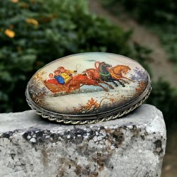 Vintage Russian Fedoskino Miniature Brooch - Hand Painted on Mother of Pearl - Winter Horse Carriage Scene