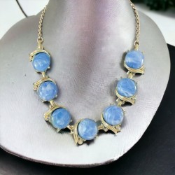 Vintage Light Blue Plastic Cabochon Links Necklace - Light Gold Tone Chain - Rhinestone Accents