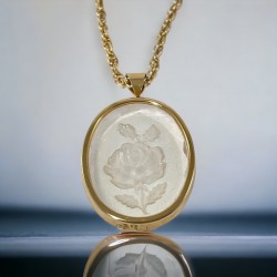 Vintage 1970s Clear Lucite Reverse Carved Rose Pendant Necklace
