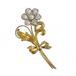 Vintage Gilded Sterling Silver Clear Paste Rhinestones Floral Brooch - 1930's Glamour