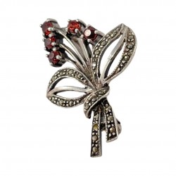 Vintage Garnet and Marcasite Sterling Silver Floral Spray Brooch