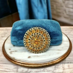 Vintage 1960s Yellow Rhinestones & Gold Tone Filigree Dome Brooch