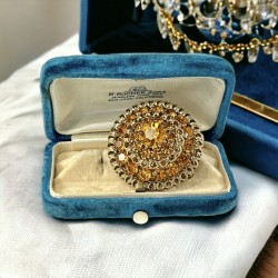 Vintage 1960s Yellow Rhinestones & Gold Tone Filigree Dome Brooch