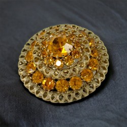 Vintage 1960s Yellow Rhinestones & Gold Tone Filigree Dome Brooch