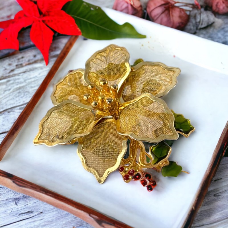 Vintage Kenneth Cole Poinsettia and Holly Flower Gold Tone Brooch - Festive Holiday Elegance