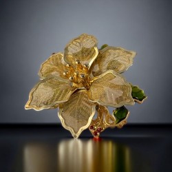 Vintage Kenneth Cole Poinsettia and Holly Flower Gold Tone Brooch - Festive Holiday Elegance