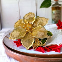 Vintage Kenneth Cole Poinsettia and Holly Flower Gold Tone Brooch - Festive Holiday Elegance