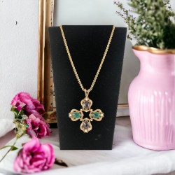 Vintage Swarovski SAL Cabochons Maltese Cross Gold Tone Pendant Necklace