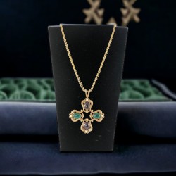 Vintage Swarovski SAL Cabochons Maltese Cross Gold Tone Pendant Necklace