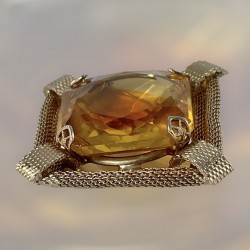 Vintage Topaz Givre Rhinestone Gold Plated Mesh Square Brooch