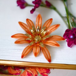 Vintage Sarah Coventry Orange Enamel Flower Large Brooch - Statement Brooch