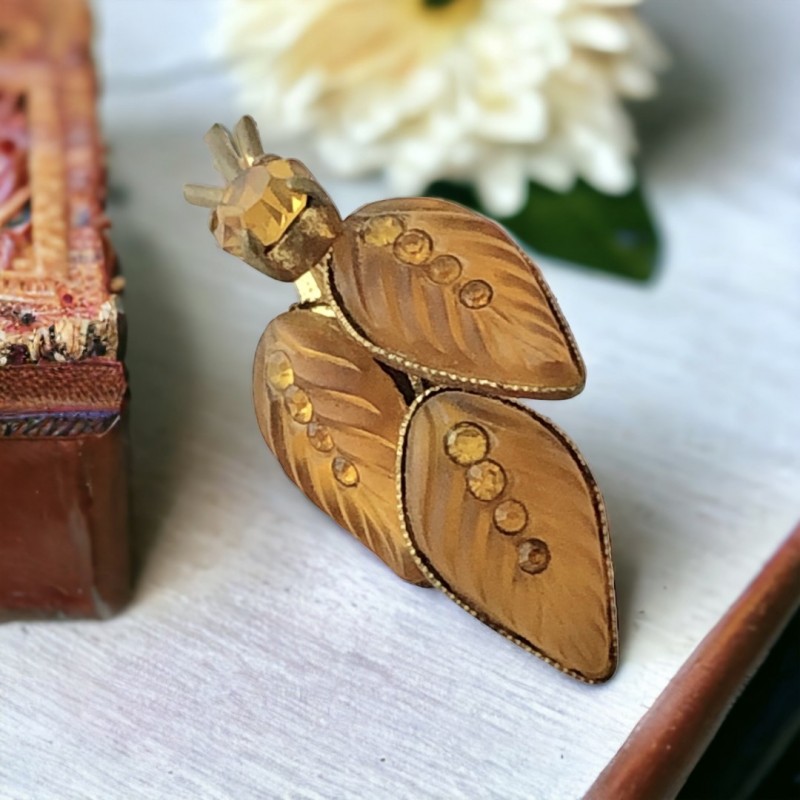 Vintage French Frosted Amber Glass Leaves Brooch