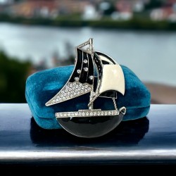 Vintage Black & White Enamel Rhinestone Sailboat Brooch