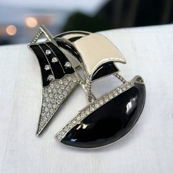 Vintage Black & White Enamel Rhinestone Sailboat Brooch