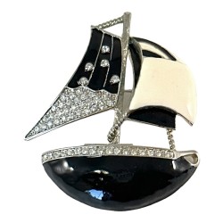 Vintage Black & White Enamel Rhinestone Sailboat Brooch