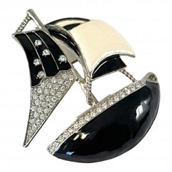 Vintage Black & White Enamel Rhinestone Sailboat Brooch