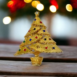 Vintage Multicolor Rhinestones Gold Tone Christmas Tree Brooch