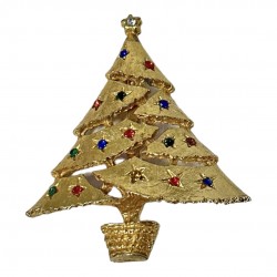 Vintage Multicolor Rhinestones Gold Tone Christmas Tree Brooch