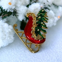 Vintage Red & Green Enamel Christmas Tree on Sleigh Brooch