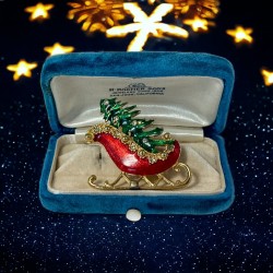 Vintage Red & Green Enamel Christmas Tree on Sleigh Brooch