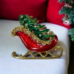 Vintage Red & Green Enamel Christmas Tree on Sleigh Brooch