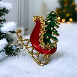 Vintage Red & Green Enamel Christmas Tree on Sleigh Brooch