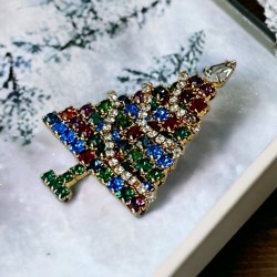 Vintage Dazzling Multicolored Rhinestones & Garlands Christmas Tree Brooch