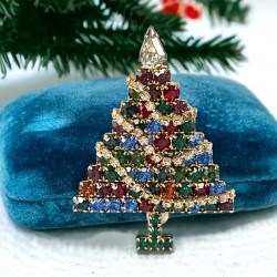 Vintage Dazzling Multicolored Rhinestones & Garlands Christmas Tree Brooch