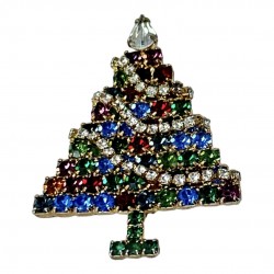 Vintage Dazzling Multicolored Rhinestones & Garlands Christmas Tree Brooch