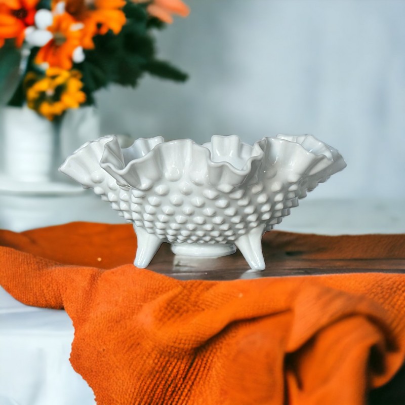 Vintage Fenton Milk Glass Hobnail Small Ruffled Footed Bowl