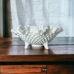 Vintage Fenton Milk Glass Hobnail Small Ruffled Footed Bowl