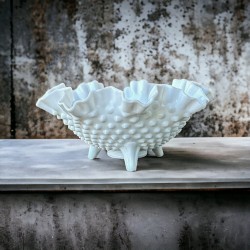 Vintage Fenton Milk Glass Hobnail Small Ruffled Footed Bowl