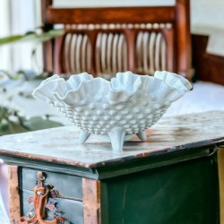 Vintage Fenton Milk Glass Hobnail Small Ruffled Footed Bowl