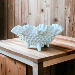 Vintage Fenton Milk Glass Hobnail Small Ruffled Footed Bowl