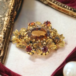 Vintage Austria Topaz Rhinestones & Gold Tone Floral Brooch