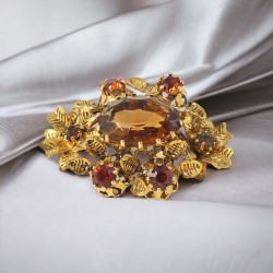 Vintage Austria Topaz Rhinestones & Gold Tone Floral Brooch