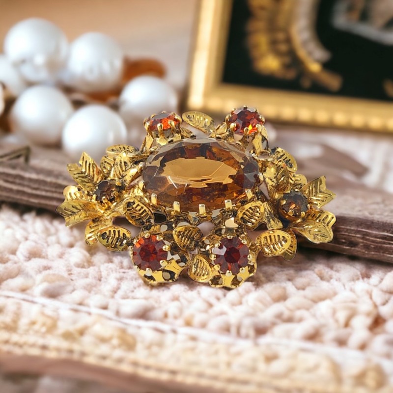 Vintage Austria Topaz Rhinestones & Gold Tone Floral Brooch