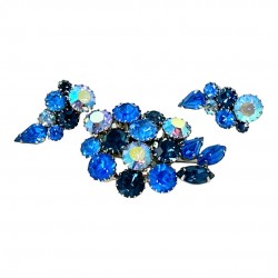 Vintage Sparkling Blue Rhinestones Leaf Brooch & Climber Earrings Set, Karu Arke Style