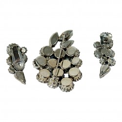 Vintage Sparkling Blue Rhinestones Leaf Brooch & Climber Earrings Set, Karu Arke Style