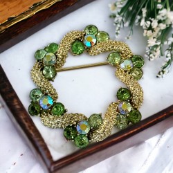 Vintage Signed Coro Green & AB Rhinestones Wreath Brooch