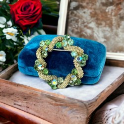 Vintage Signed Coro Green & AB Rhinestones Wreath Brooch