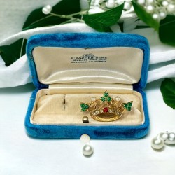 Vintage Coro Emerald Rhinestones and Faux Pearls Crown Brooch