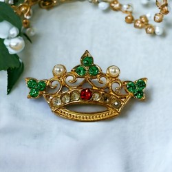 Vintage Coro Emerald Rhinestones and Faux Pearls Crown Brooch