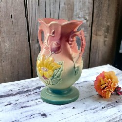 Vintage Hull Pottery Magnolia Pattern Handled Vase, 1940s Collectible