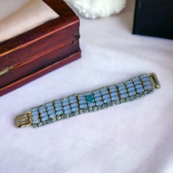 Vintage 1950s Blue Opaque Glass & Light Sapphire Rhinestone Link Bracelet