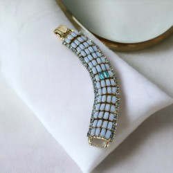 Vintage 1950s Blue Opaque Glass & Light Sapphire Rhinestone Link Bracelet