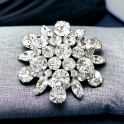 Vintage Weiss Style Large Floral Round Brooch, Clear Rhinestones & Rhodium Plated Brooch